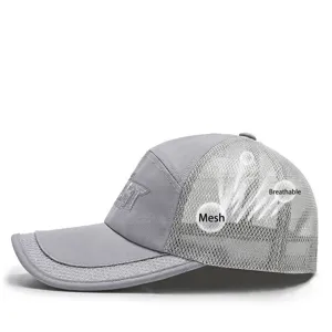 Lightweight gray long brim baseball cap with breathable mesh panels for outdoor sun protection