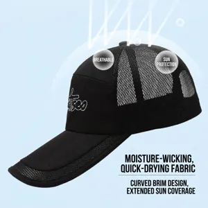 Side profile of black mesh baseball cap with extra-long sunshade brim for men's fishing