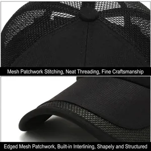 Black breathable mesh baseball cap with long sunshade brim and reinforced stitching