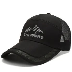 Men's breathable mesh baseball cap with long brim and mountain embroidery, black.