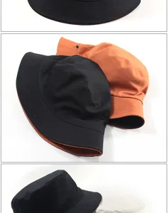 Detailed view of reversible cotton bucket hats for sun protection in black and orange colors