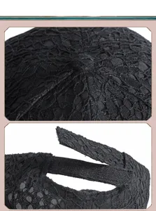Dettaglio ravvicinato di un cappello da baseball in pizzo nero con rete floreale