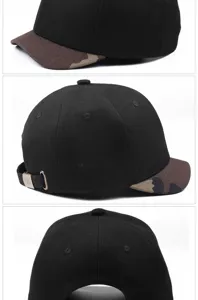 Vues détaillées d'une casquette de baseball noire stylée avec une courte visière camouflage.