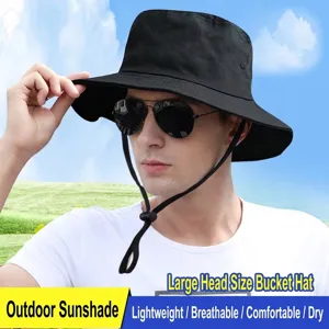 Reversible Cotton Bucket Hat Large Head Size Foldable Outdoor Sun Protection Fishing Hat For Men Women Big Head Casual Summer Cap With Windproof Rope