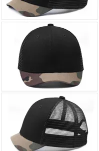 Vues détaillées d'une casquette de baseball en filet noir avec visière courte camouflage