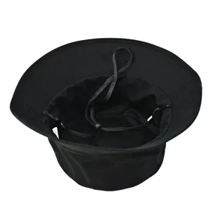 Large size black bucket hat with adjustable windproof rope for outdoor sun protection