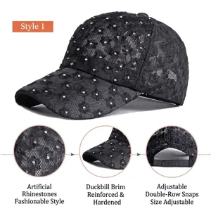 Cappello da baseball in pizzo nero traspirante con fiori di strass e cinturino regolabile