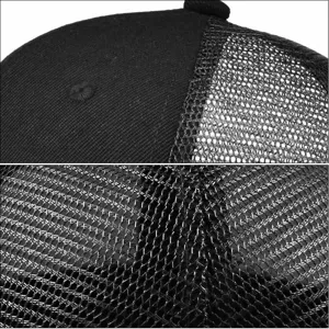 Vue détaillée d'une casquette de camionneur en maille noire respirante de haute qualité.