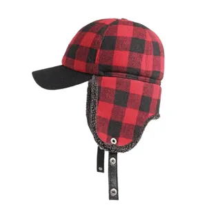 Winter Ear Flap Baseball Cap Warm Sherpa Lined Buffalo Plaid Trapper Hat Windproof Printed Outdoor Earflap Cap Men Women