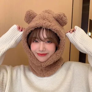Cute brown teddy bear plush hooded scarf hat providing winter warmth and outdoor protection