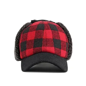 Thickened winter red and black plaid baseball cap with ear flaps and warm fleece lining