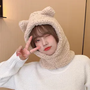 Cozy cream bear ears plush hooded scarf for women warm winter faux fur headwear
