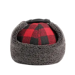 Winter trapper hat with red and black buffalo check and warm grey faux fur earflaps