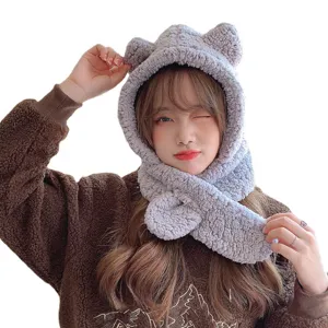 Cute plush bear-ear hat and scarf set for winter outdoor warmth