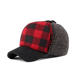 Winter red and black buffalo plaid baseball cap with warm fleece ear flaps for men and women