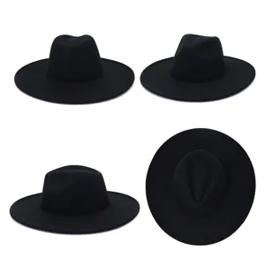 Sombrero fedora clásico de fieltro negro de ala ancha con copa en forma de lágrima