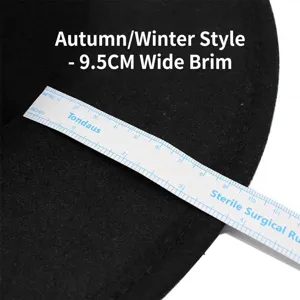 Medida detallada del ala ancha de 9,5 cm de un sombrero fedora de fieltro negro para invierno