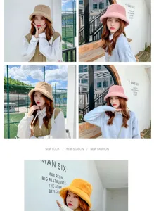 Detail views of soft faux fur bucket hats in beige, pink, and yellow colors