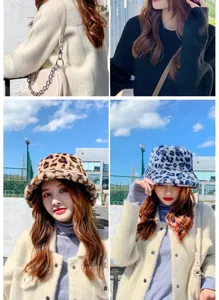 Warm leopard print faux fur bucket hat for women in winter style