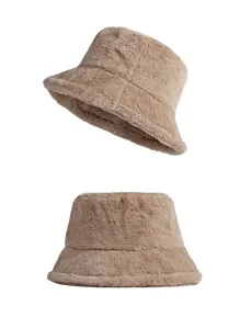 Detailed side and front view of two tan fluffy faux rabbit fur bucket hats for winter warmth