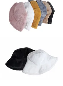 Various colors of soft faux rabbit fur bucket hats for women shown in a detail view.
