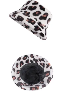 Close-up detail of leopard print faux fur bucket hat with black lining for winter