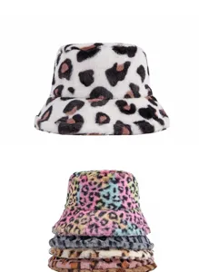 Assorted stylish leopard print faux fur bucket hats for women's winter warmth and comfort