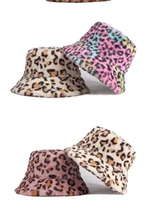 Detailed view of plush leopard print faux fur bucket hats in various colors