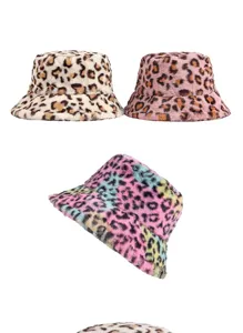 Detailed view of plush leopard print bucket hats in multiple colors for winter warmth
