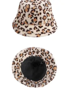 Leopard print faux rabbit fur bucket hat showing exterior texture and black lining
