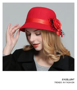 Elegant red wool cloche hat for women featuring a silk rose and polka dot mesh detail.