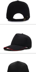 Vistas detalladas de gorra de béisbol negra con borde rojo y hebilla