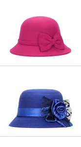 Elegant women's felt cloche hats in magenta with bow and royal blue with flower