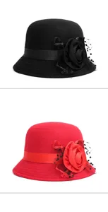 Elegant black and red wool-like cloche hats with flower and veil detail view
