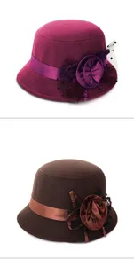 Comparison of two elegant wool-like cloche hats featuring floral accents and mesh detailing