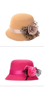Detailed side view of elegant cloche hats in camel and magenta with decorative floral mesh