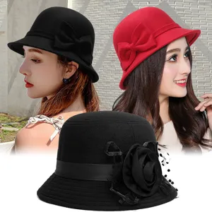 Vintage Women Imitation Wool Cloche Hat Elegant British Style Bow Flower Winter Warm Church Derby Basin Hat Lady Fashion