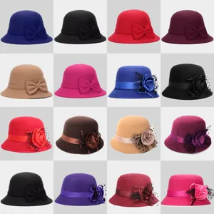 Multi-color collection of women's vintage felt cloche hats with elegant bow and flower