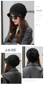Multi-angle views of a stylish black soft-brimmed beanie hat worn by a female model