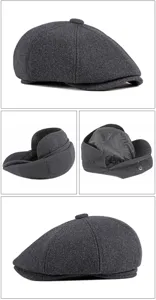 Detailed views of a grey wool newsboy cap with warm ear flaps and quilted lining.