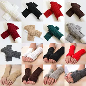 Acryl Strick Fingerlose Handschuhe Winter Warm Zopfmuster Rautenmuster Unisex Halbfinger Dehnbare Fäustling Armstulpen