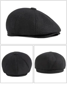 Detailed views of a black wool newsboy cap showing the texture from multiple angles