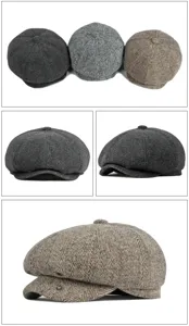 Detailed view of vintage herringbone tweed newsboy caps for men in multiple colors
