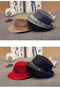 Λεπτομέρεια από καπέλα Fedora με διαπνέον πλέγμα σε διάφορα χρώματα για κομψή ηλιακή προστασία.