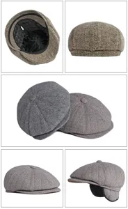 Men's vintage winter newsboy cap with ear flaps and warm herringbone quilted lining