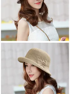 Side view of a woman wearing a stylish knitted bucket hat with a delicate bow detail