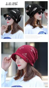 Stylish women's warm winter beanies with brim featuring feather and geometric patterns
