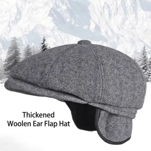 Men's vintage winter herringbone newsboy cap with ear protection flaps and warm lining