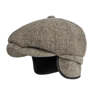 Classic herringbone newsboy cap for men with warm ear flaps for winter