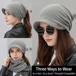 Versatile 3-in-1 women's grey winter beanie hat with soft brim and ponytail hole design